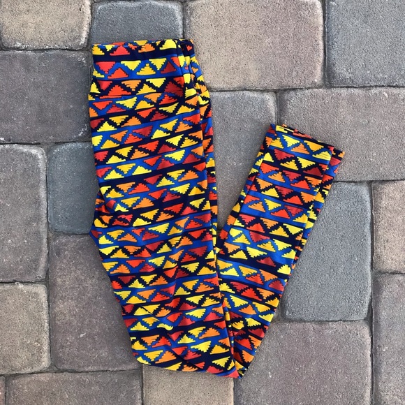 Lularoe Leggings Tights One Size Triangle Print Fall Colors Orange Yellow Blue - Picture 1 of 10